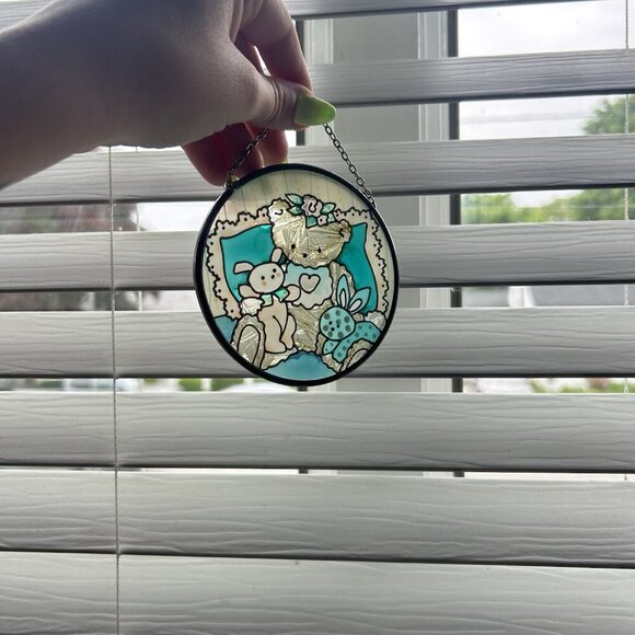Joan Baker Designs Stained Glass Sun Catcher 3.5” Hand Painted Bear Bunnies Blue - Picture 5 of 6